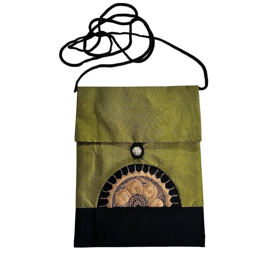 Green Gold Silky Crossbody Travel Bag Embroidered Dressy 6" x 8"